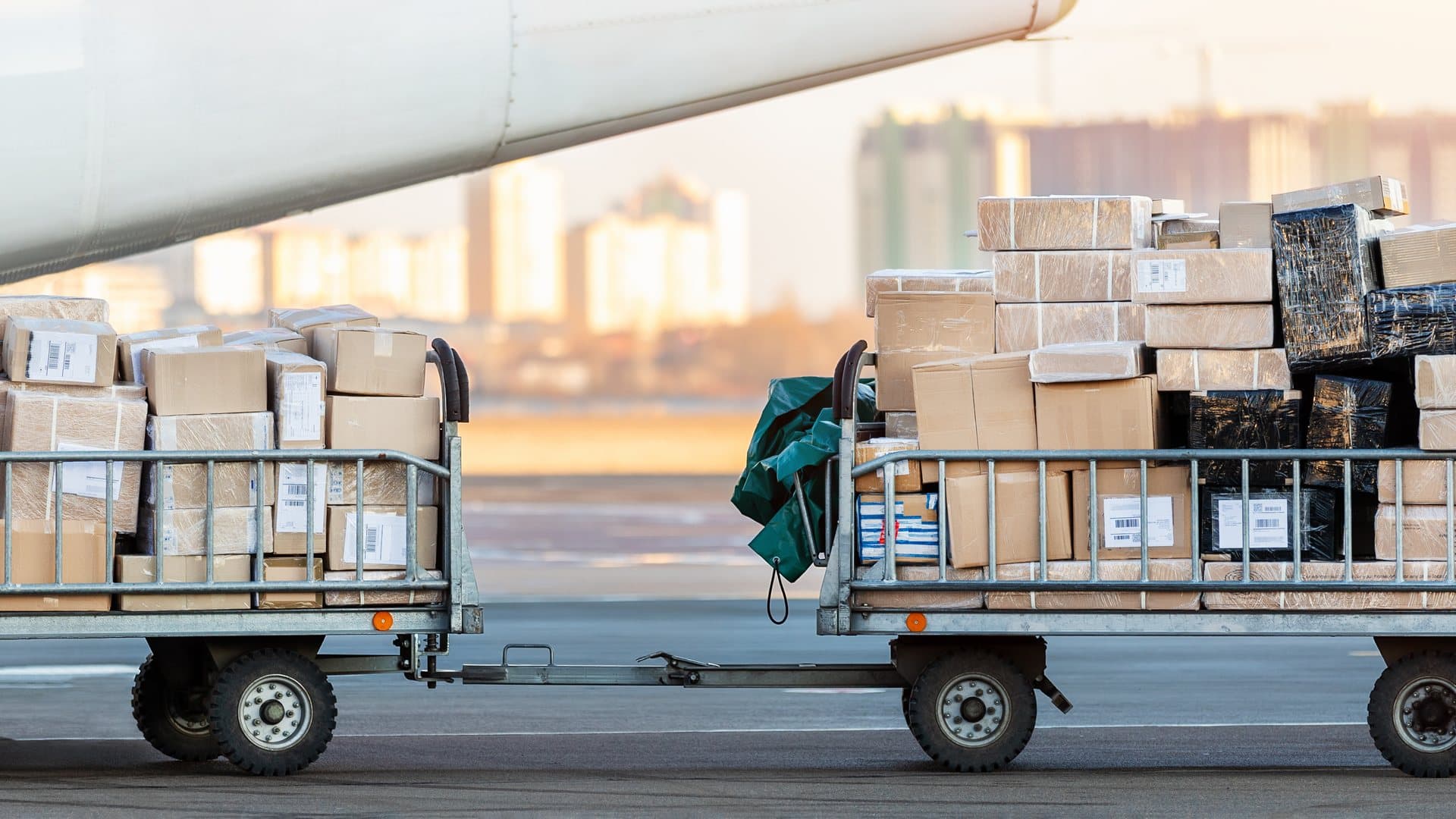 Air freight parcels loaded on dollies beside an aircraft, city skyline behind